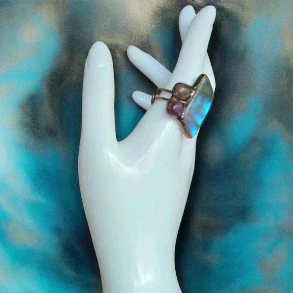 🆕️Boho Chic Labradorite & Amethyst Adjustable Copper Ring Rustic Vintage Style - Picture 6 of 17